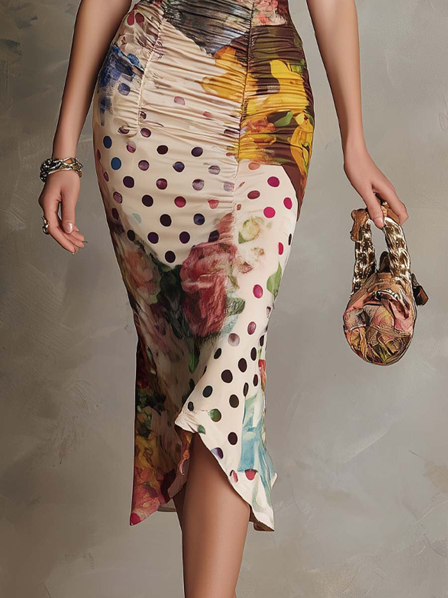 Delphine mixed-print ruched lace midi dress for women by Bennett and Lowe, featuring a flattering fit and intricate lace details.