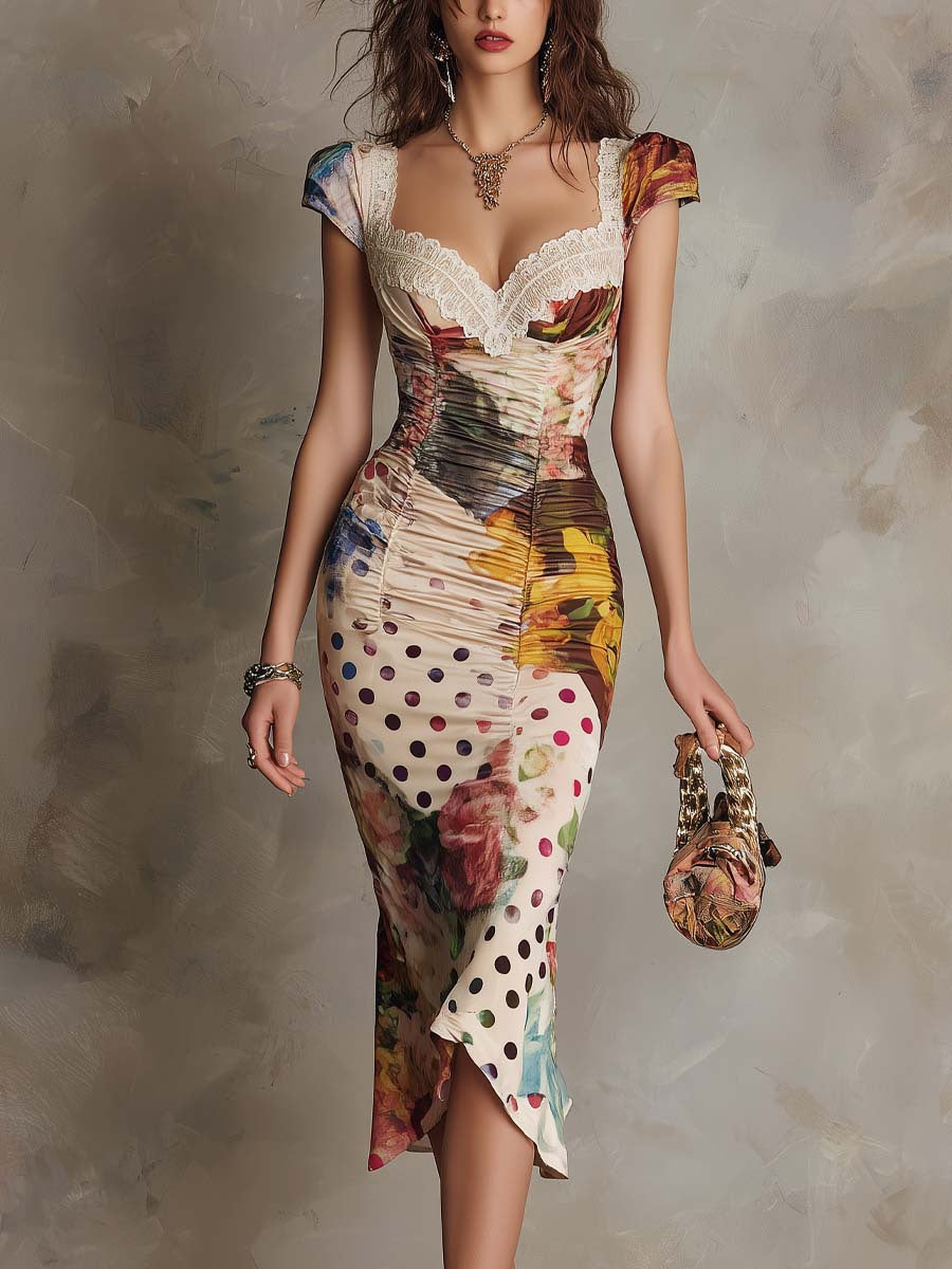 Delphine mixed-print ruched lace midi dress for women by Bennett and Lowe, featuring intricate lace details and a flattering fit.