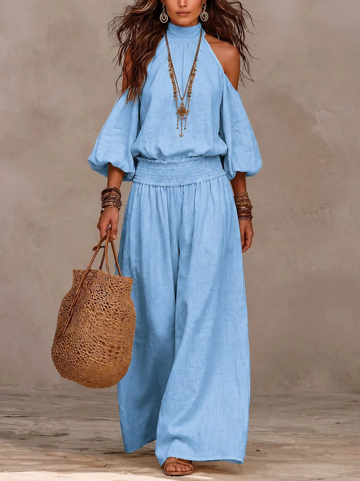 Liliana wide-leg women’s jumpsuit by Bennett and Lowe, featuring a stylish, flowing fit and sleeveless design.