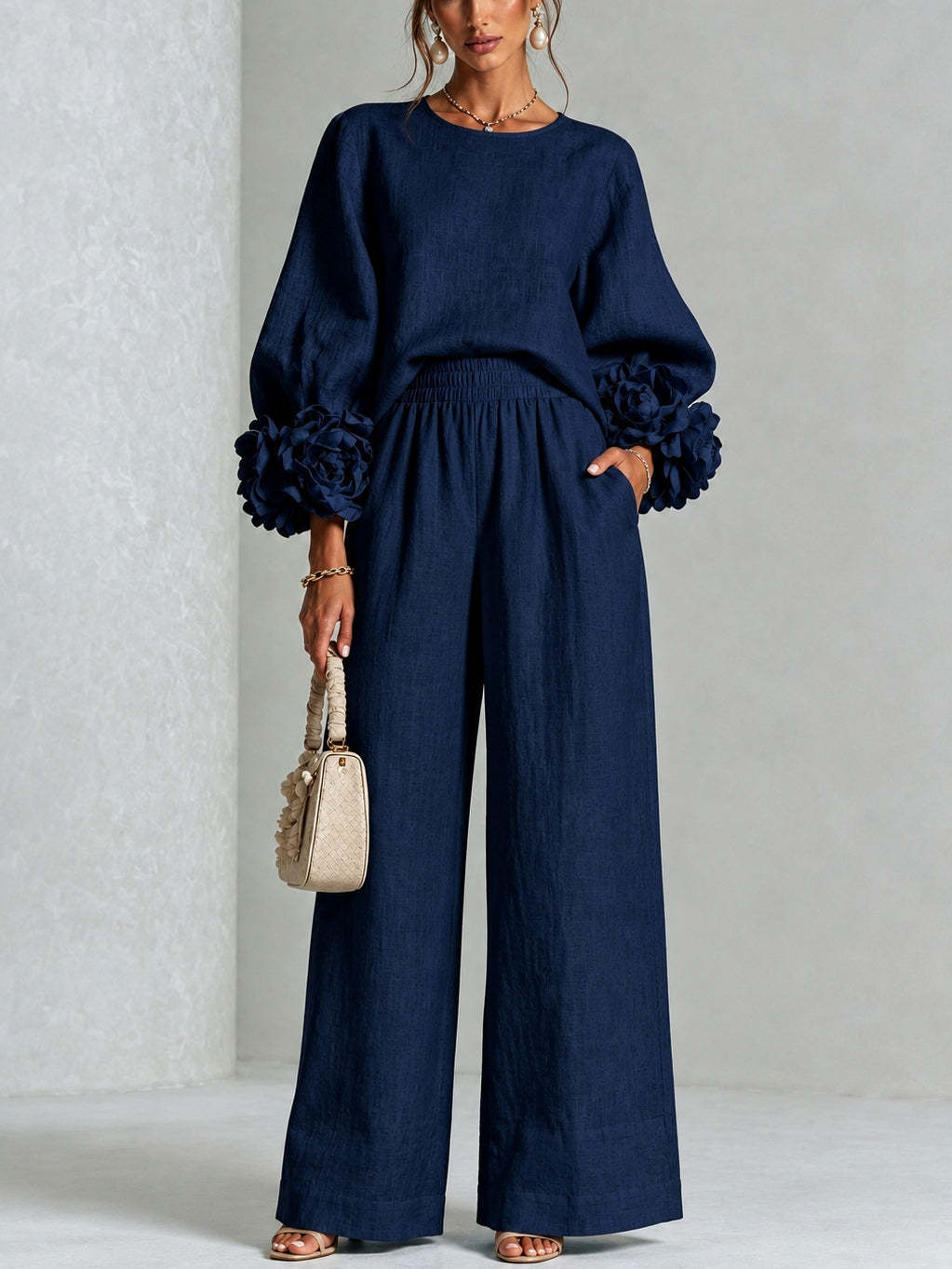 Rosalie | Floral-Cuff Top and Wide-Leg Pants Two-Piece Set for Women