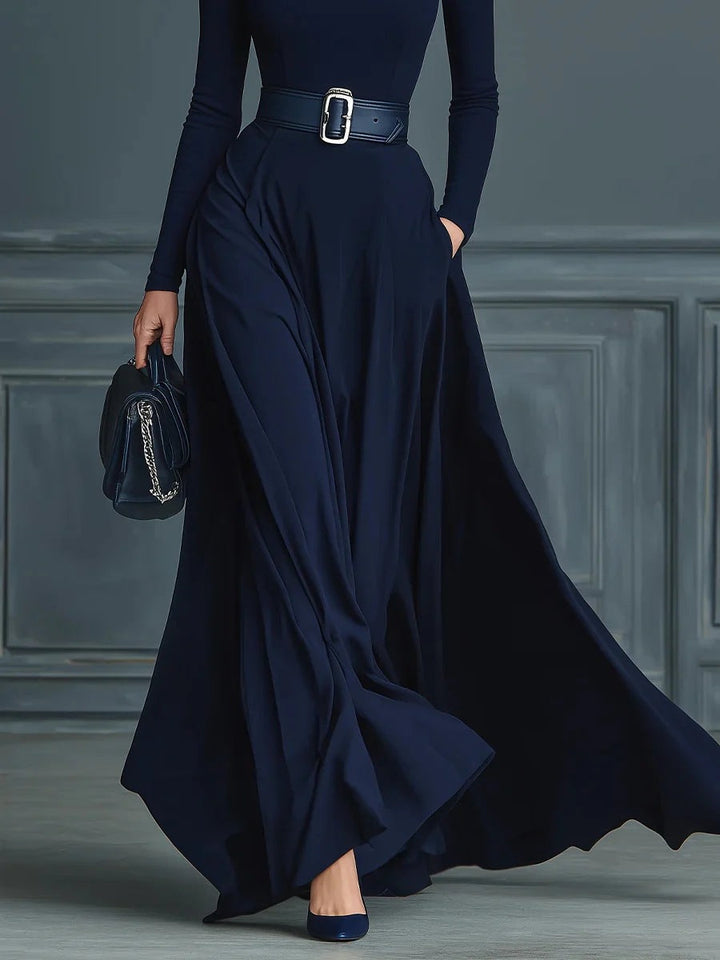 Cortliss | High-Neck Belted Long-Sleeve A-Line Maxi Dress for Women