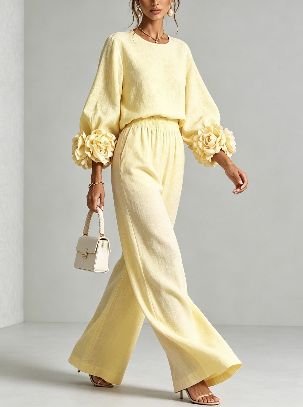 Rosalie | Floral-Cuff Top and Wide-Leg Pants Two-Piece Set for Women