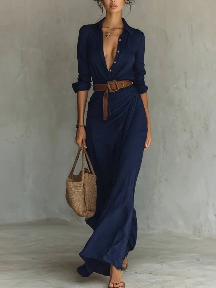 Una | Lapel V-Neck Belted Wrap Maxi Dress for Women