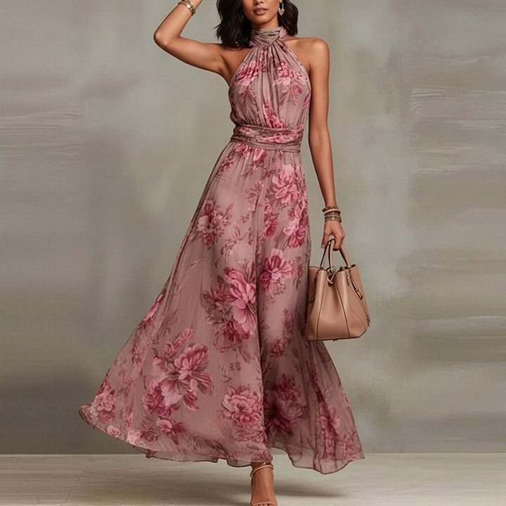 Floral halter-neck maxi dress for women by Bennett and Lowe, flowing fabric with vibrant floral pattern and elegant silhouette.