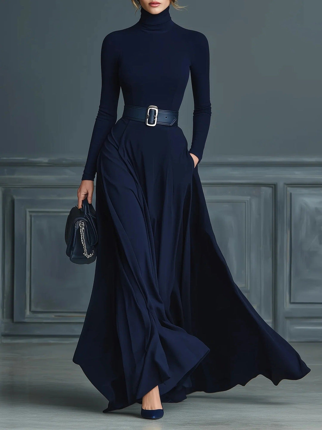 Cortliss | High-Neck Belted Long-Sleeve A-Line Maxi Dress for Women