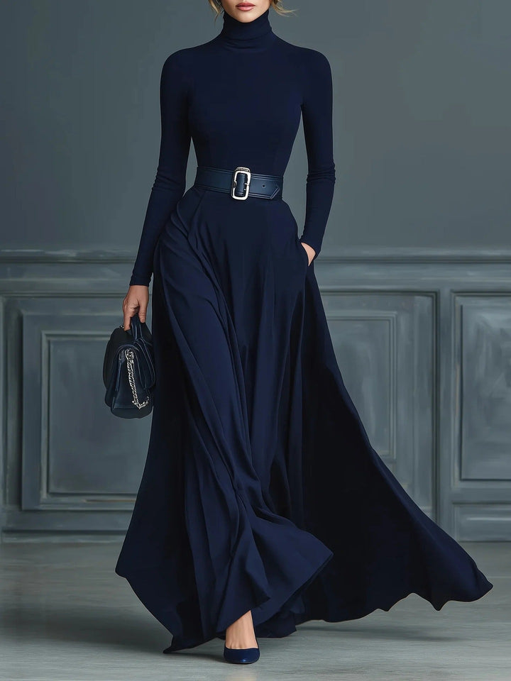 Cortliss | High-Neck Belted Long-Sleeve A-Line Maxi Dress for Women