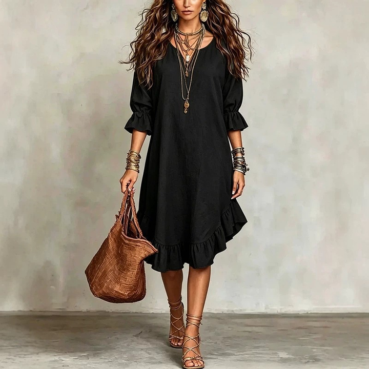 Juanita™ Ruffle Hem Midi Dress by Bennett and Lowe, featuring a flowy silhouette and ruffled hem detail in a stylish midi length.