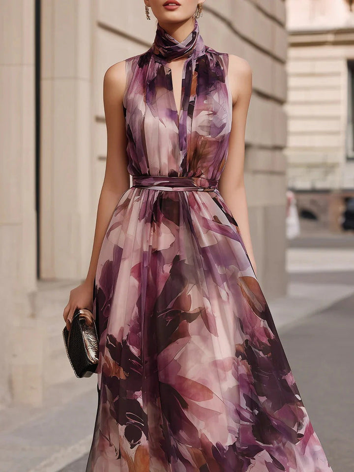 Seraphina floral tie-neck belted maxi dress for women by Bennett and Lowe, featuring a flowy design and vibrant floral pattern.