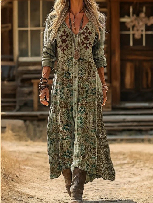 Saffron | Button-Front Boho Print Maxi