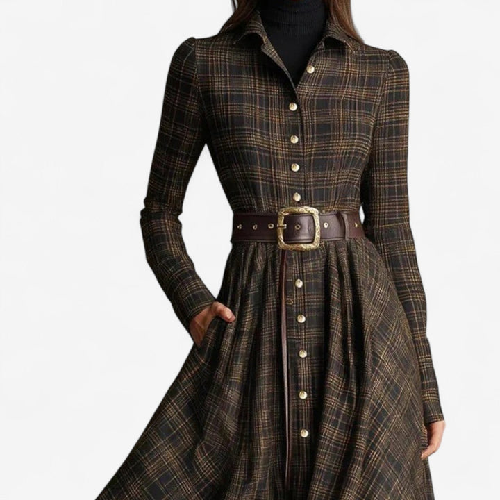 Celene | Plaid Button-Front Belted Long-Sleeve Maxi Dress for Women