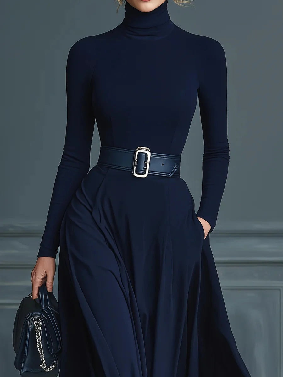 Cortliss | High-Neck Belted Long-Sleeve A-Line Maxi Dress for Women