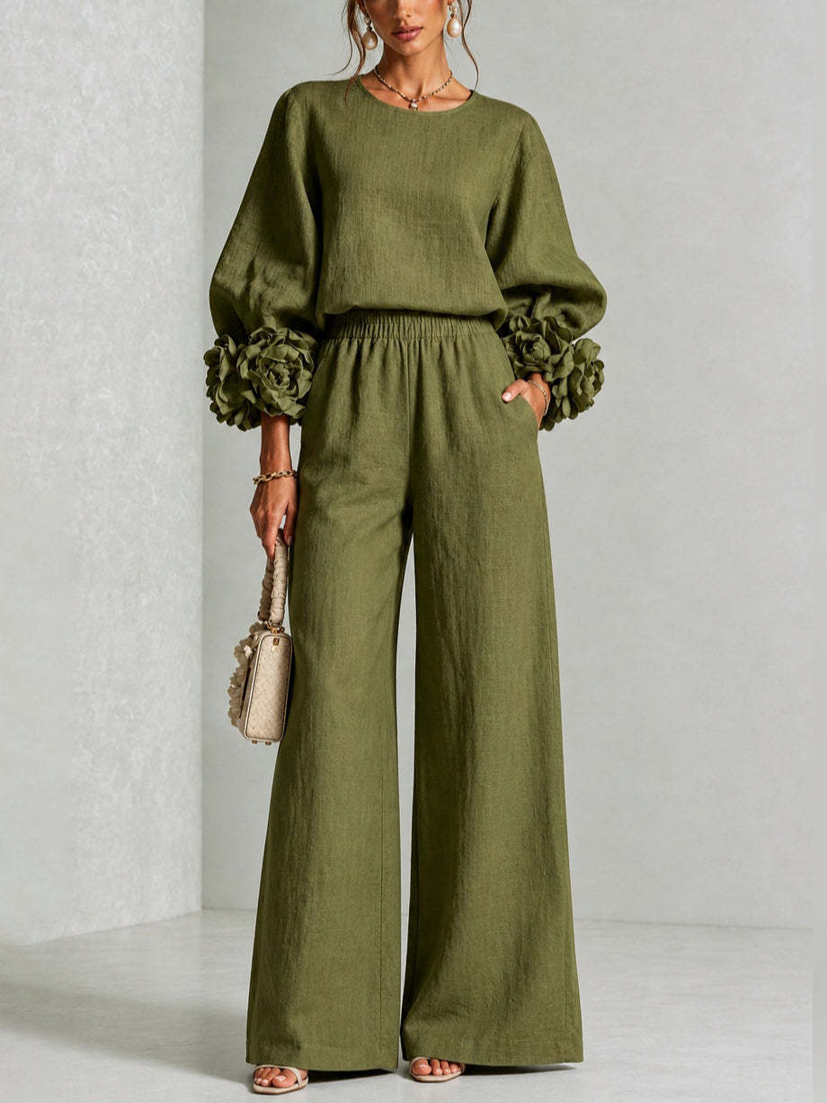Rosalie | Floral-Cuff Top and Wide-Leg Pants Two-Piece Set for Women