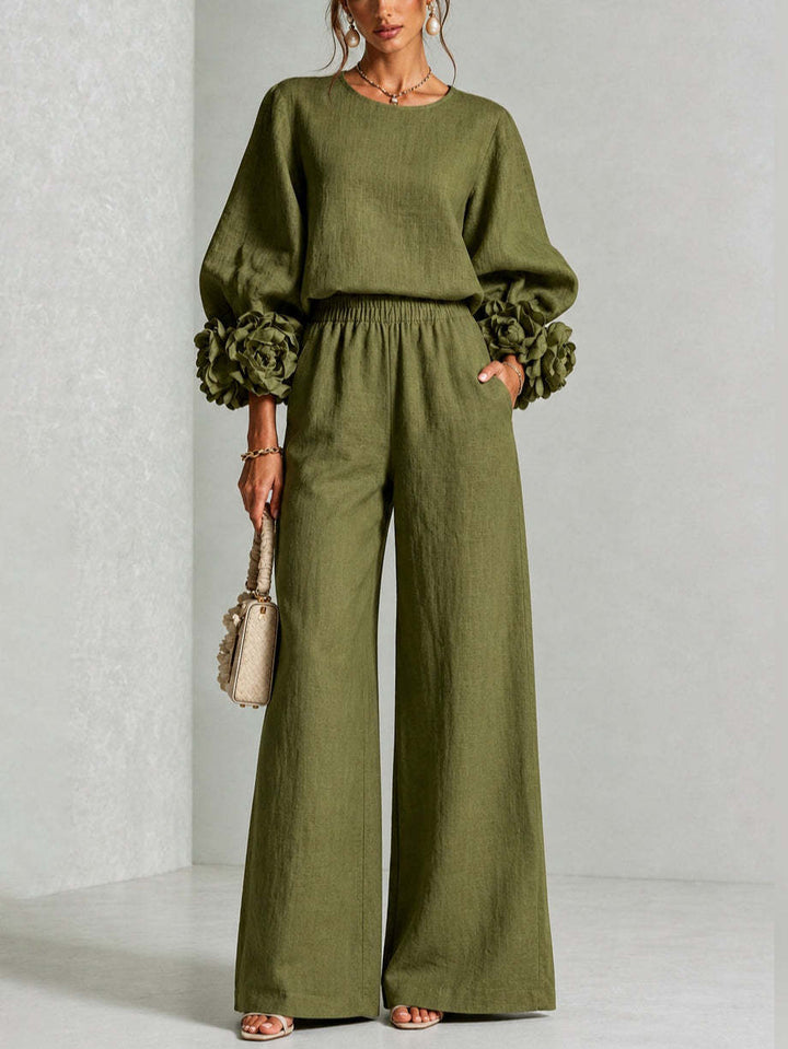 Rosalie | Floral-Cuff Top and Wide-Leg Pants Two-Piece Set for Women