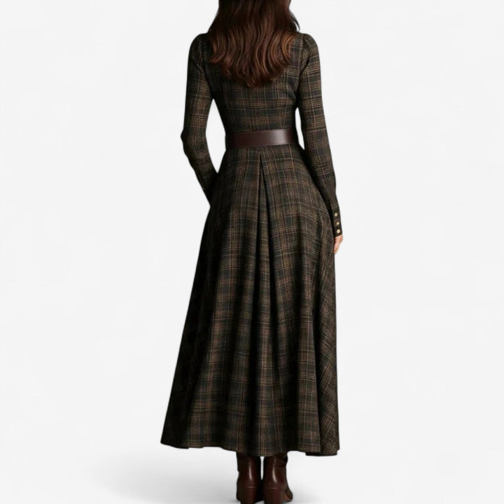 Celene | Plaid Button-Front Belted Long-Sleeve Maxi Dress for Women