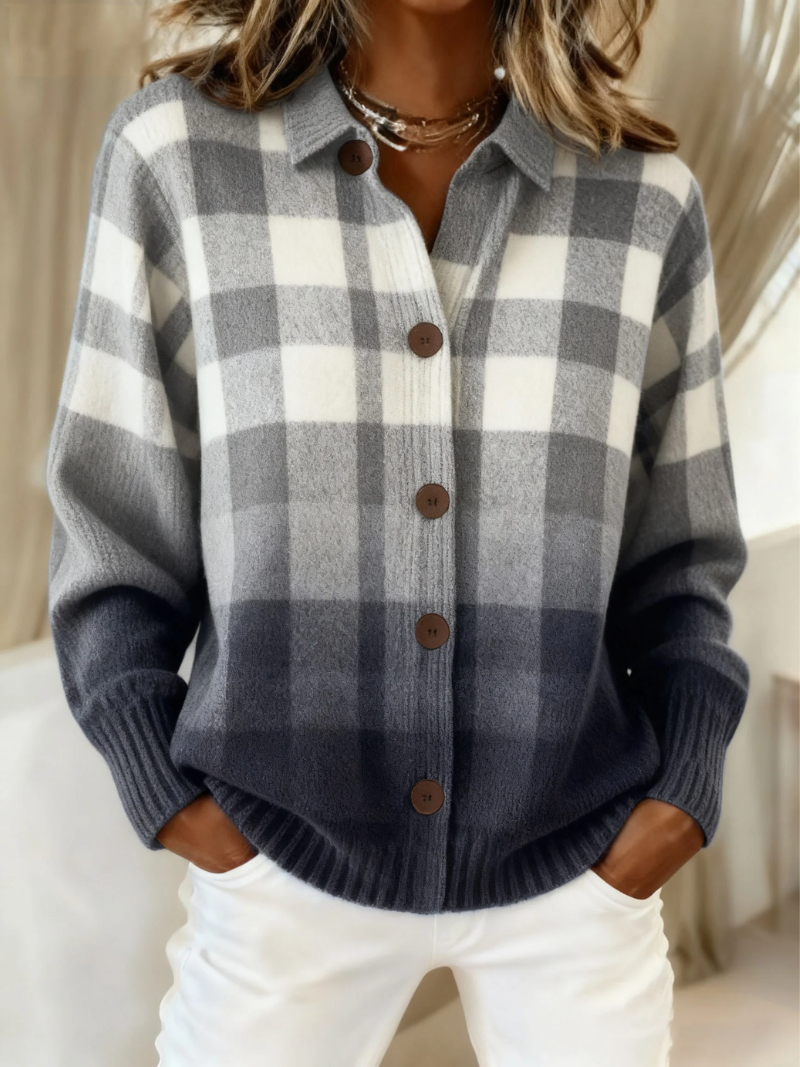 Gray ombre plaid button cardigan for women by Bennett and Lowe, featuring a cozy, stylish knit with a classic plaid pattern.