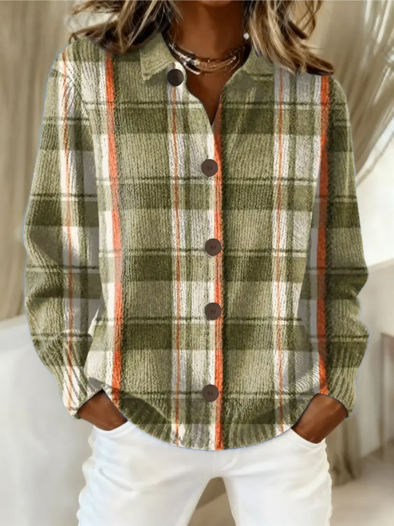 Olive plaid button cardigan for women by Bennett and Lowe, featuring a cozy knit with front buttons and a classic plaid pattern.