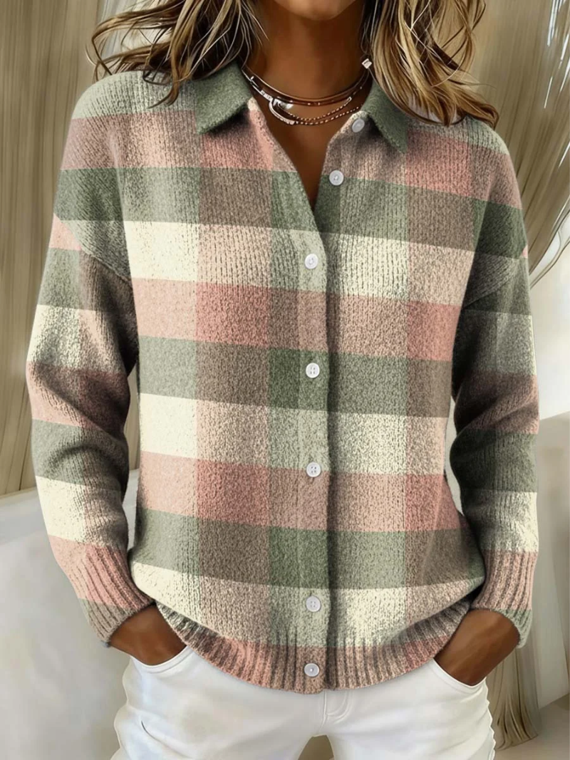 Pastel plaid knit cardigan for women by Bennett and Lowe, featuring soft pastel colors and a cozy, stylish design.