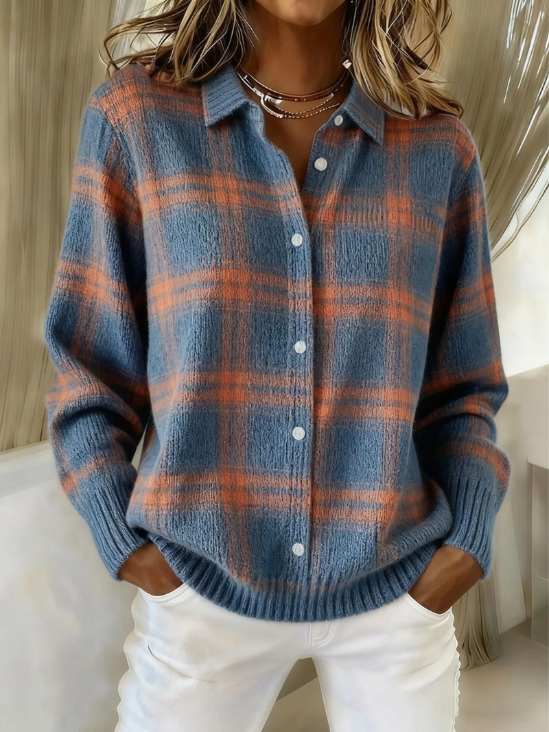 Blue check knit cardigan for women by Bennett and Lowe, featuring a cozy, stylish design with a button-front and ribbed cuffs.