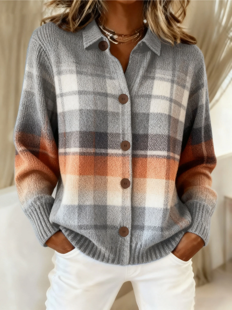 Marlene Ombre Plaid Cardigan for Women by Bennett and Lowe, shown in a cozy, stylish knit with a gradient plaid pattern.
