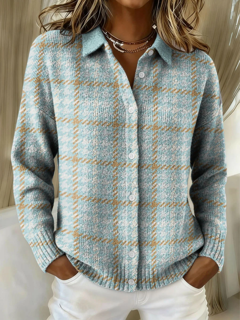 Sky plaid Bennett and Lowe Clara women's button-front cardigan with long sleeves and a cozy, stylish design.