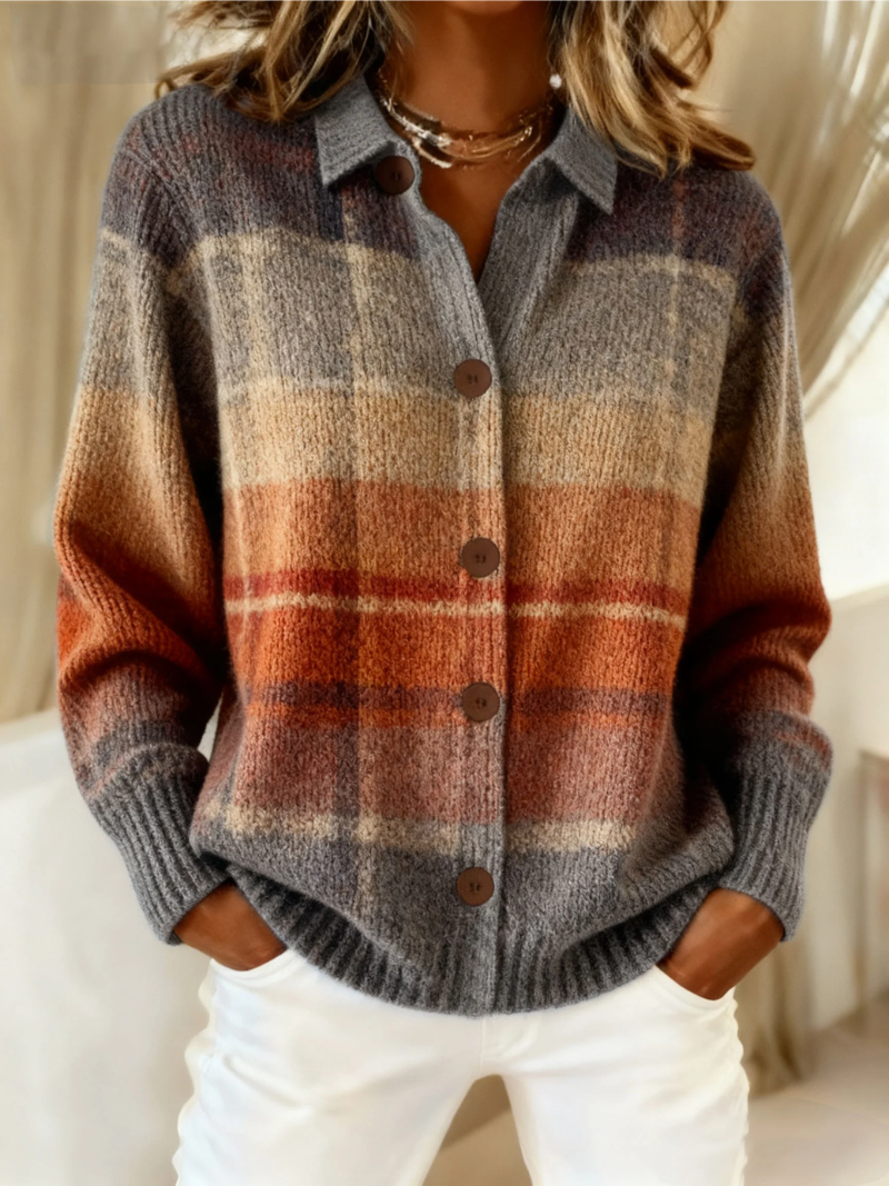 Autumn ombre plaid cardigan for women by Bennett and Lowe, featuring a cozy knit design and button closure.