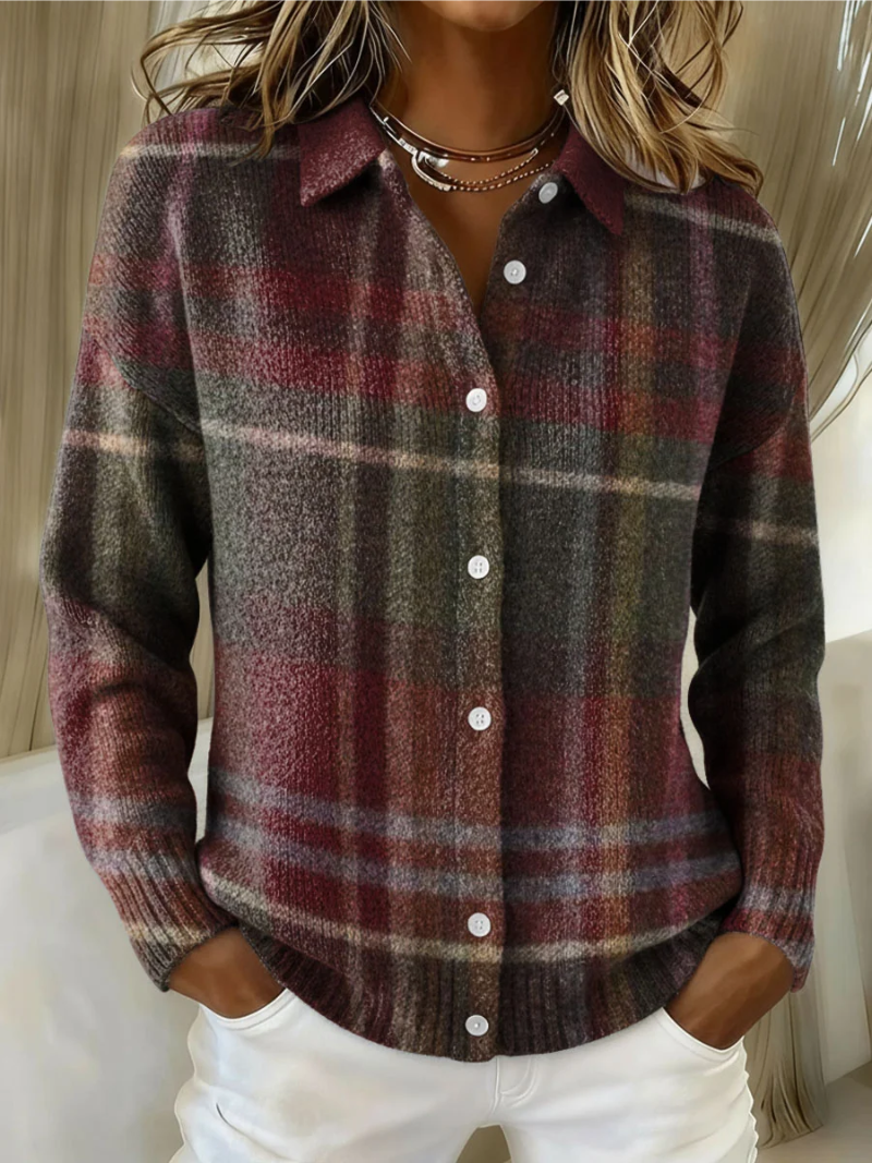 Women’s Eleanor Bennett and Lowe plaid knit cardigan, classic plaid pattern, cozy long-sleeve sweater for women.