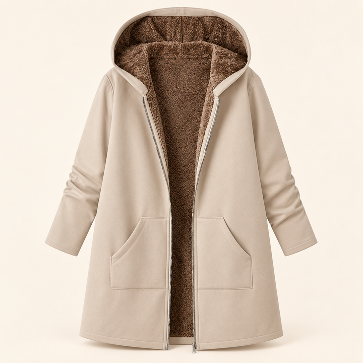 Open beige and jasmet brown Bennett & Lowe Heather hooded longline coat shown open, highlighting its stylish design and cozy fit.