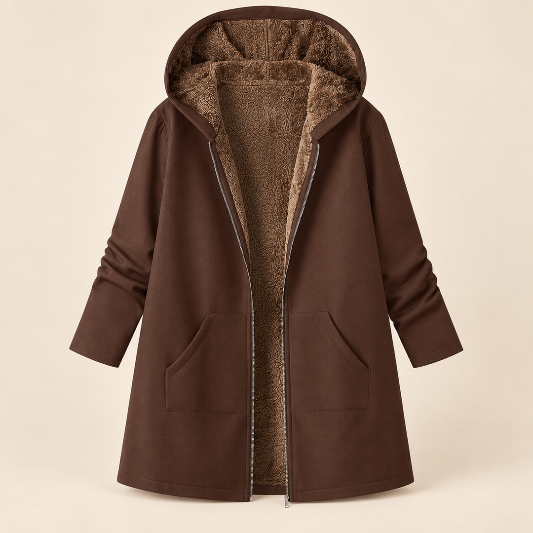 Heather Bennett & Lowe hooded longline coat in brown with a sherpa-lined hood, displayed open to show its cozy interior.