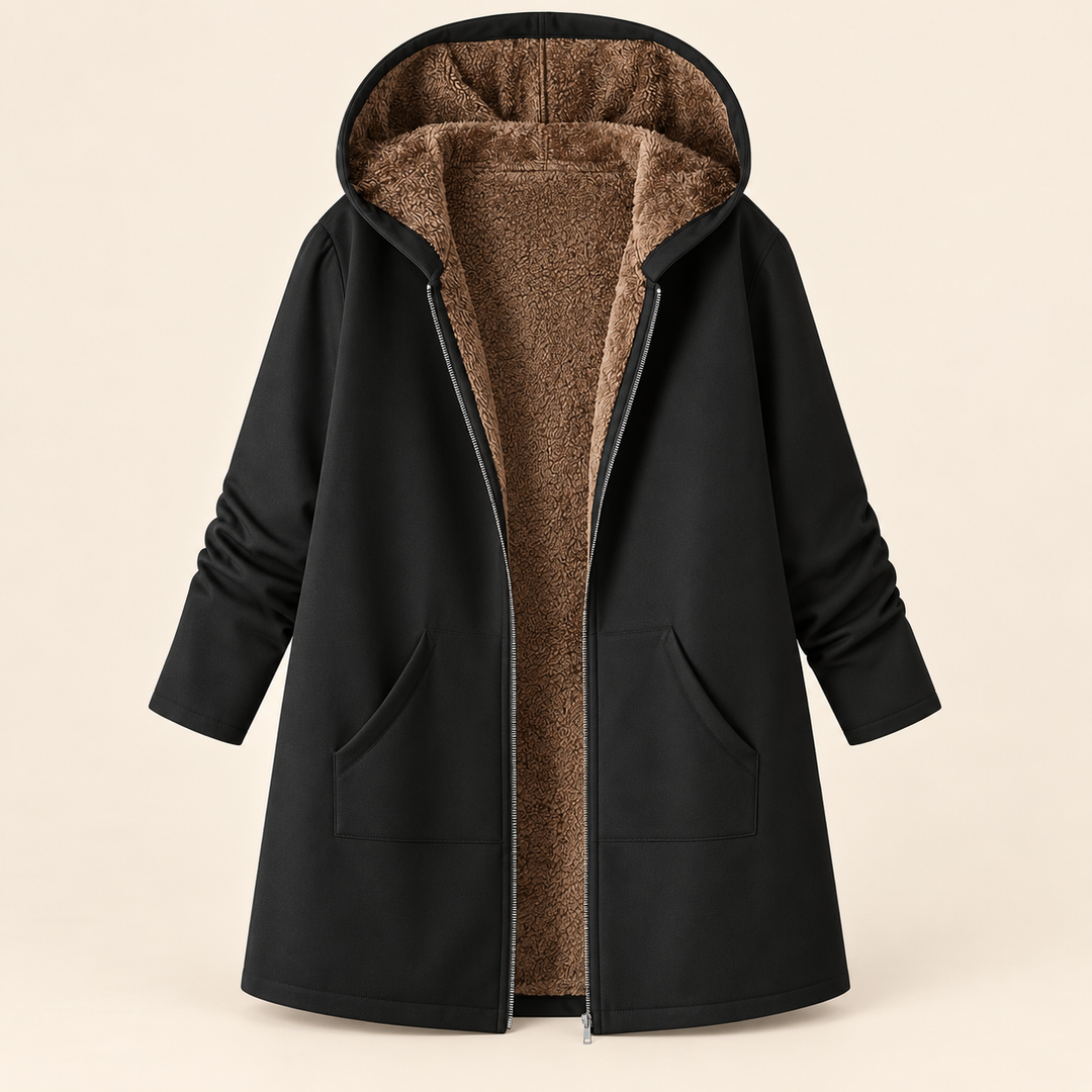 Heather Bennett & Lowe hooded longline coat with open black exterior and brown sherpa-lined interior, stylish and warm outerwear.