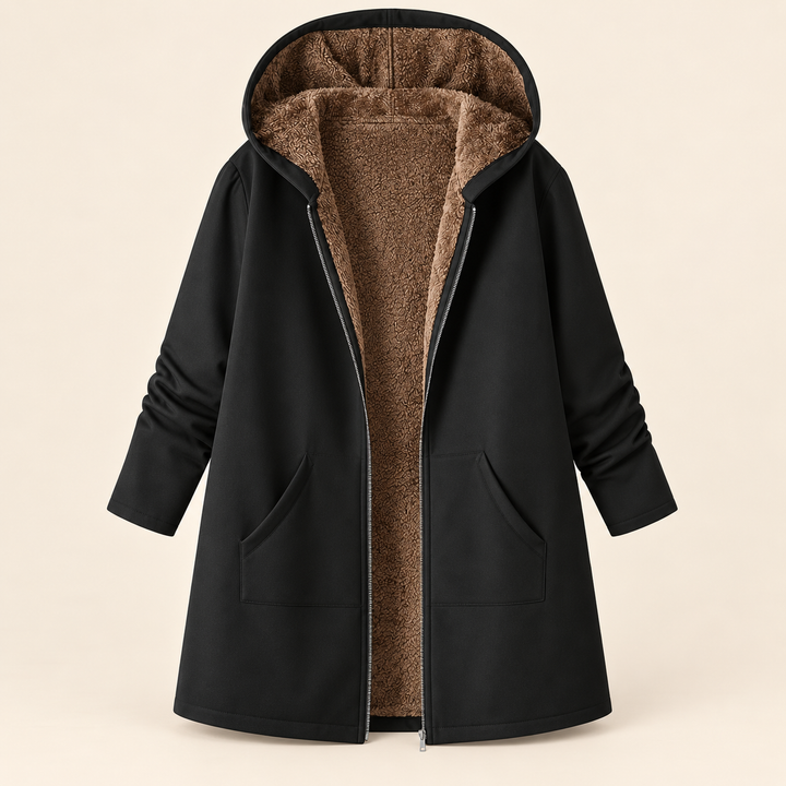 Heather Bennett & Lowe hooded longline coat with open black exterior and brown sherpa-lined interior, stylish and warm outerwear.