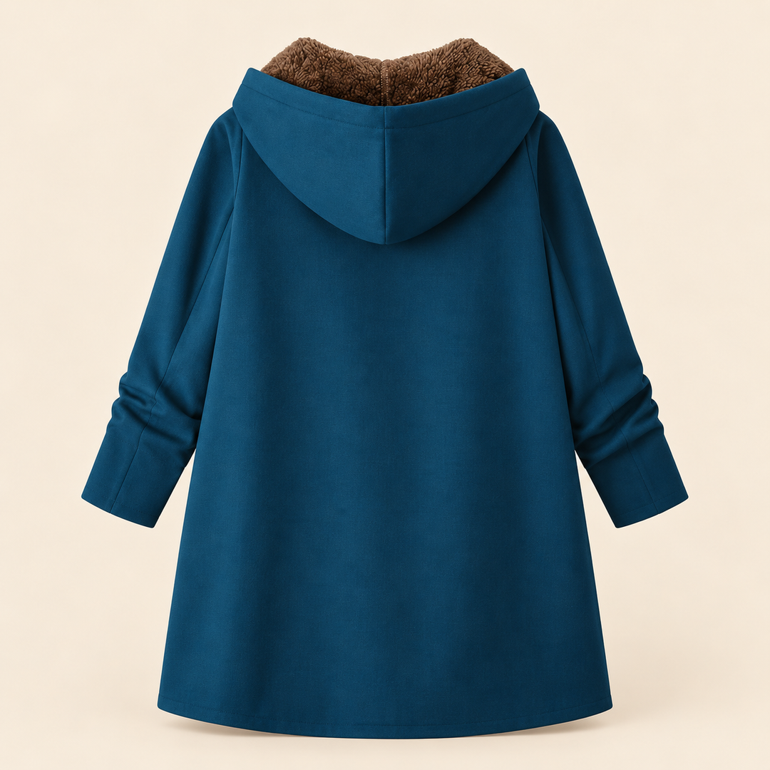 Petrol blue Heather Bennett & Lowe hooded longline coat with brown sherpa lining, stylish winter outerwear for women.
