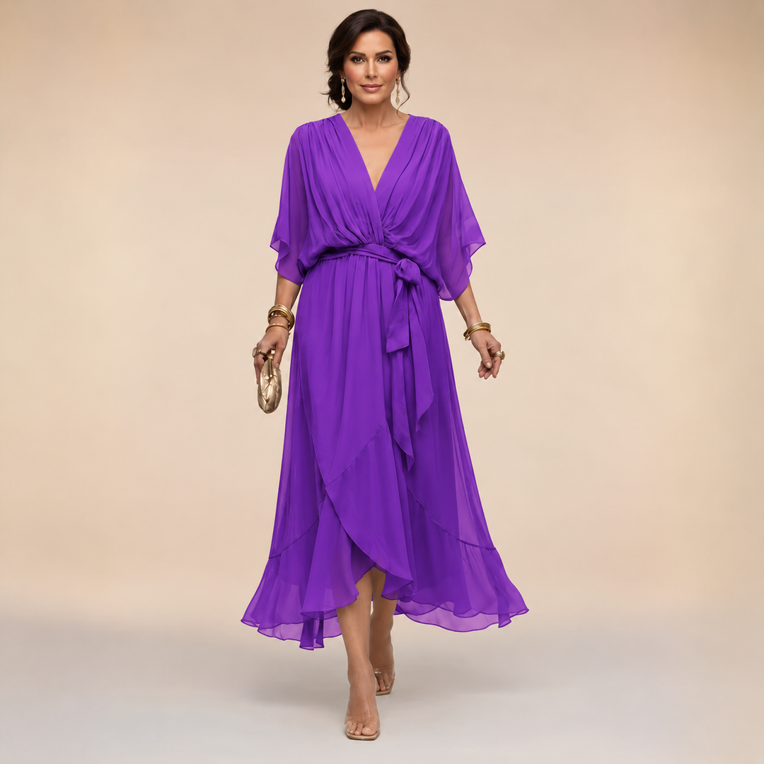 Purple chiffon V-neck dress with cascading layers by Bennett and Lowe, styled for elegant occasions.