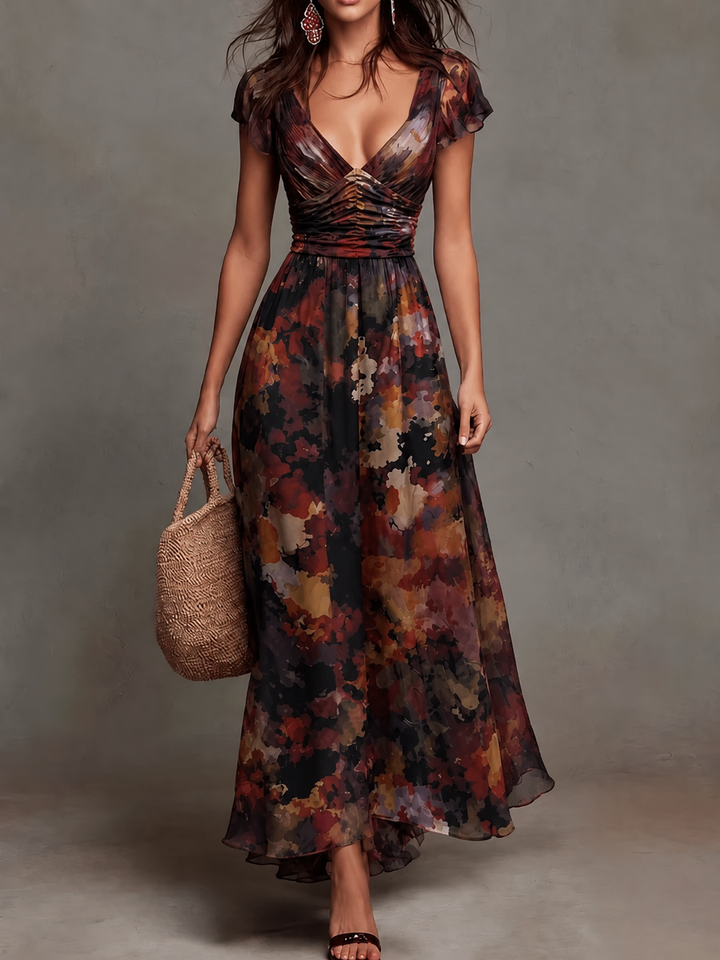 Watercolor floral Camellia maxi dress for women by Bennett and Lowe, featuring pleated chiffon fabric in dark floral design.