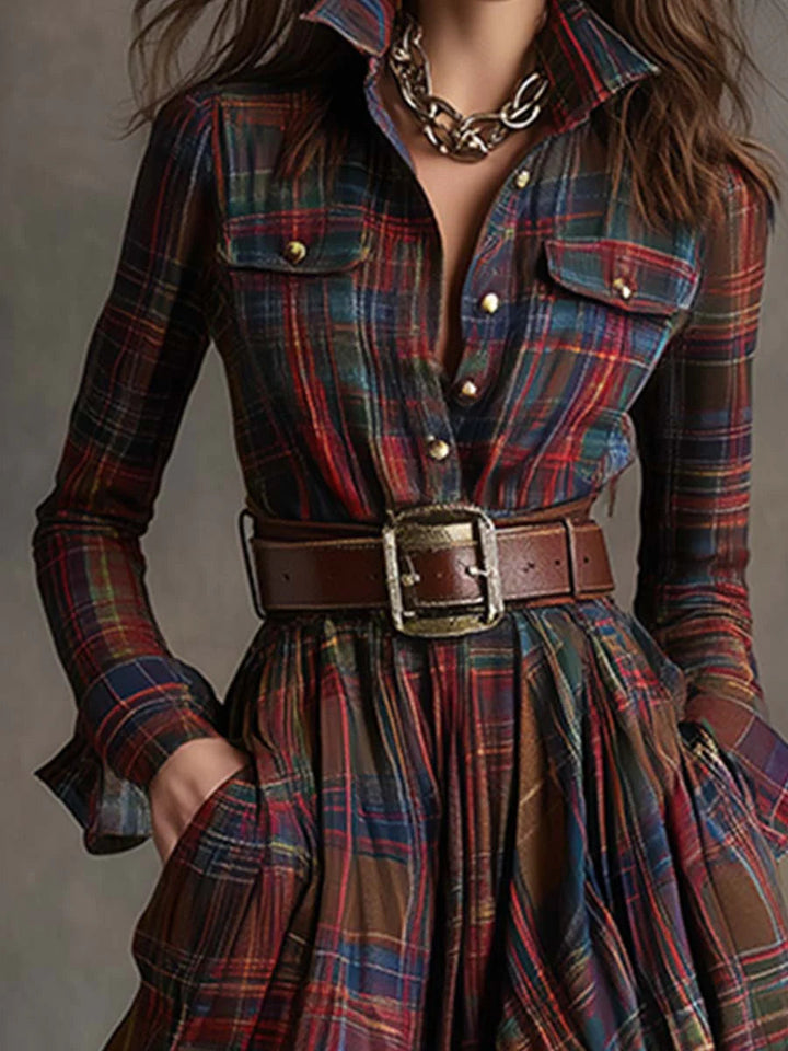Madison | Plaid Lapel Button-Front Belted Maxi Dress for Women