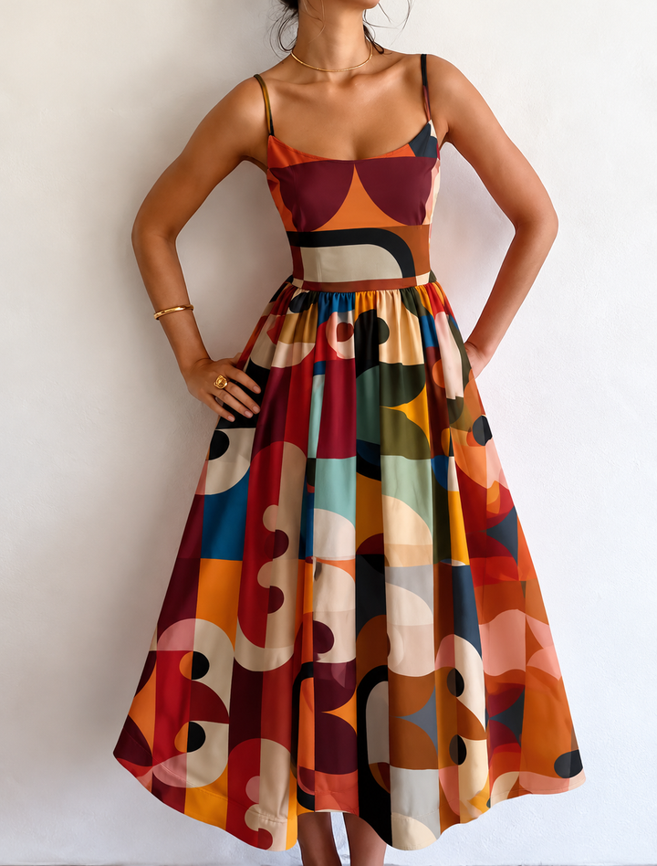 Bennett and Lowe Marcelline Modern Muse midi dress with retro geometric print and sundress silhouette