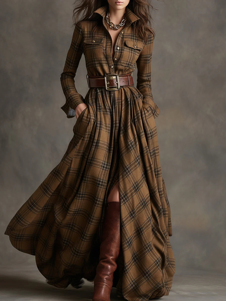 Madison | Plaid Lapel Button-Front Belted Maxi Dress for Women