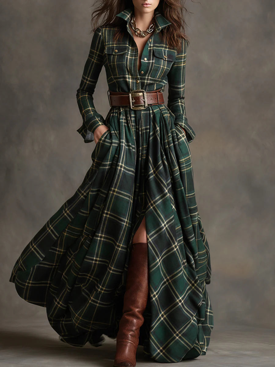Madison | Plaid Lapel Button-Front Belted Maxi Dress for Women