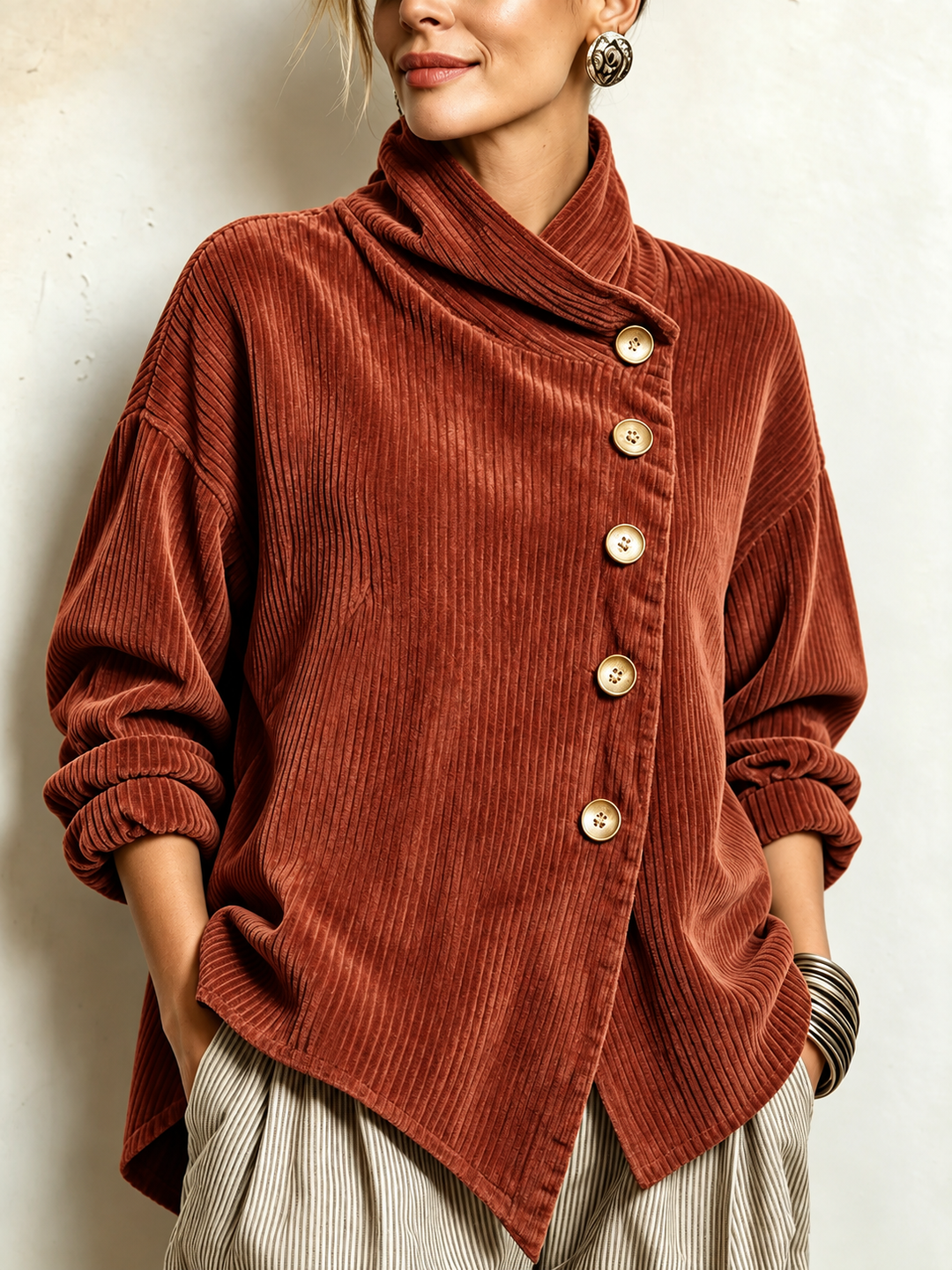 Maren | Asymmetric Button Wrap-Collar Top