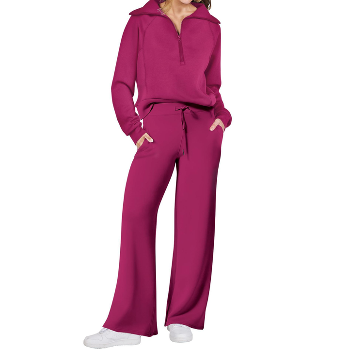 Rose red Maya two-piece set for women including a half-zip pullover and wide-leg pants by Bennett and Lowe.