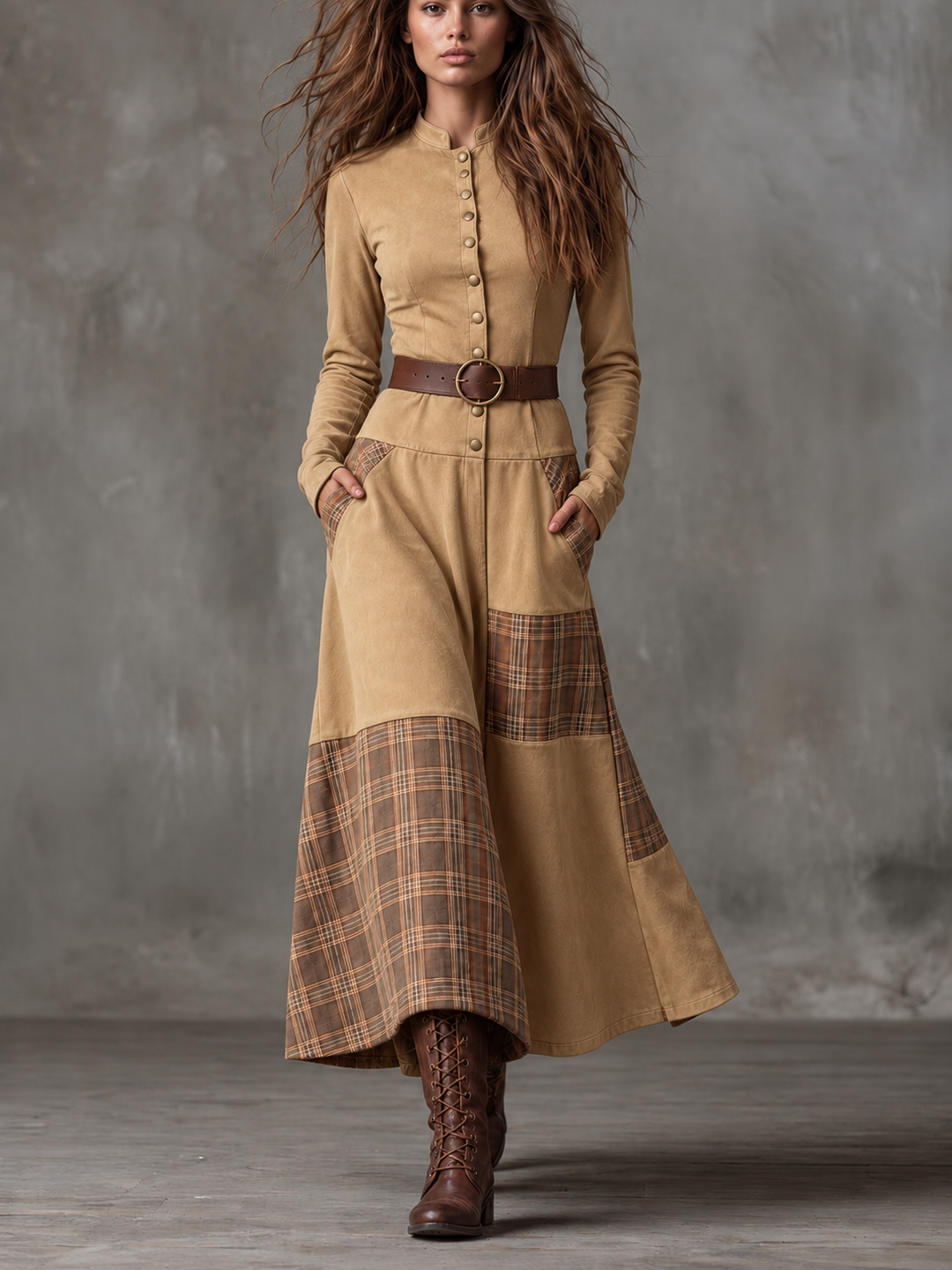 Helena Ivy | Belted Plaid Long-Sleeve Maxi Dress for Women
