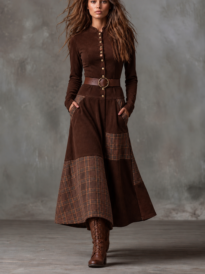 Helena Ivy | Belted Plaid Long-Sleeve Maxi Dress for Women