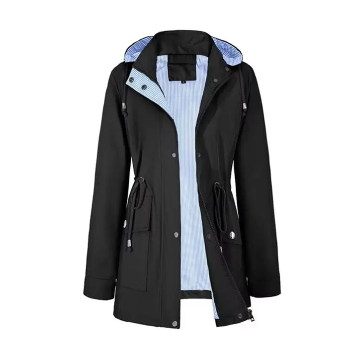 Bennett & Lowe Samantha hooded drawstring long trench coat displayed on a hanger, featuring a classic design with a hood and waist drawstring