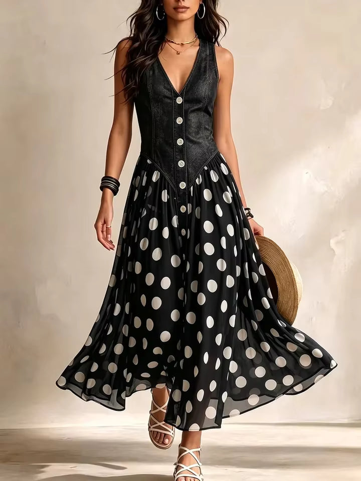 Juliette polka dot chiffon maxi dress for women by Bennett and Lowe, featuring a flowing design with button details.