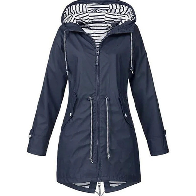 Victoria Bennett & Lowe drawstring hooded outdoor trench coat, lightweight rain-resistant outerwear with adjustable hood and classic design.