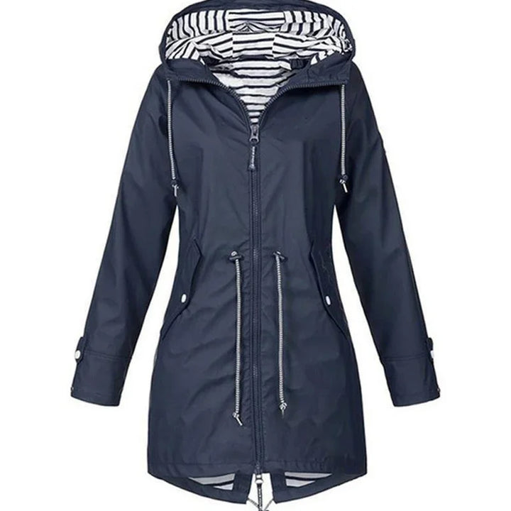Victoria Bennett & Lowe drawstring hooded outdoor trench coat, lightweight rain-resistant outerwear with adjustable hood and classic design.