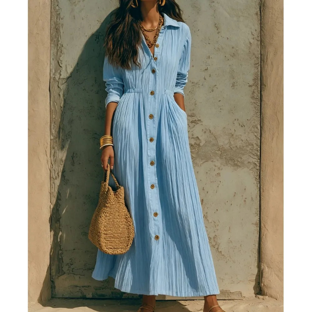 Genevieve | Button-Front Long-Sleeve Shirt Midi Dress with Pockets for Women