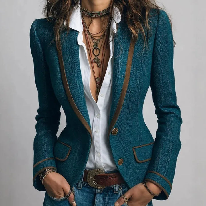 Bennett & Lowe Harriet contrast trim tailored blazer in black with white accents, featuring a structured fit and lapel collar.
