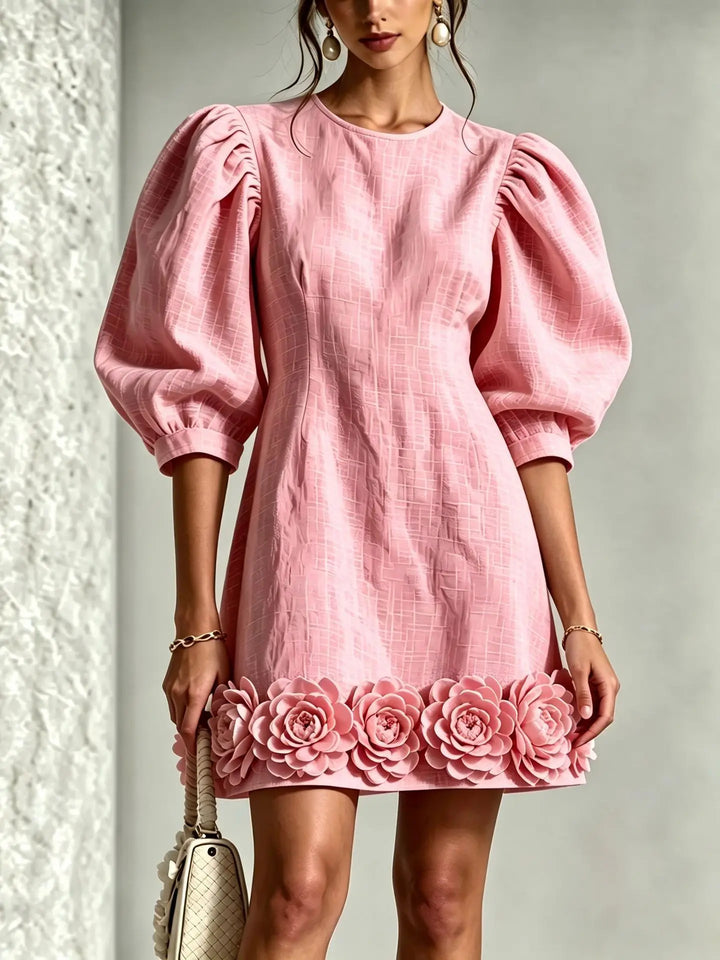 Rebecca | Puff Sleeve Flower Hem Mini Dress