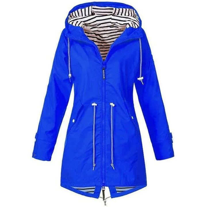 Victoria Bennett & Lowe drawstring hooded outdoor trench coat, stylish weather-resistant outerwear with adjustable hood and classic design.