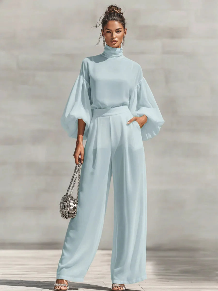 Janice Bennett & Lowe high-neck wide-leg pants two-piece set, coordinated top and trousers outfit